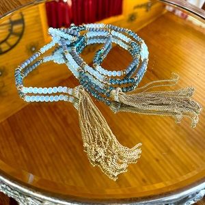 Blue Silver and Opaque Crystal Lariat Necklace With Gold Tone Tassels